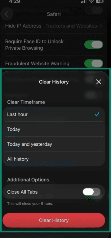 Clear Safari history in app settings on iPhone