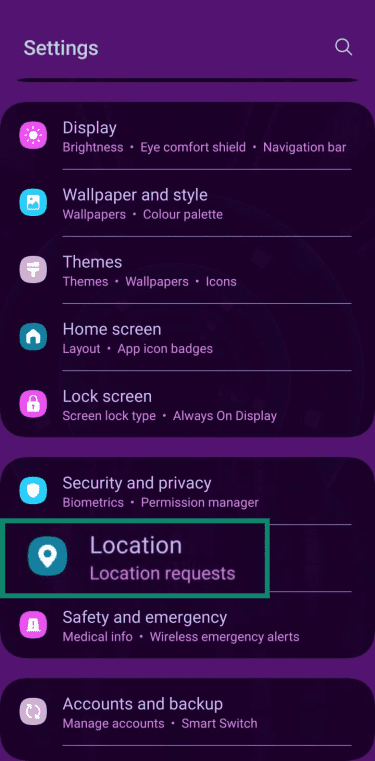 Android system settings menu with the "Location" option highlighted.