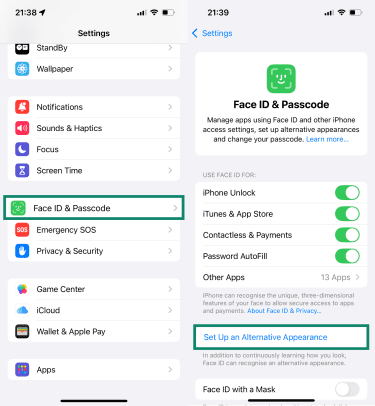 Two side-by-side screenshots of iOS settings, highlighting Face ID & Passcode settings and the "Set Up an Alternative Appearance" button.