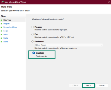 Clicking the "Custom" option in Windows Defender Firewall with Advanced Security to create a custom rule to block or limit ICMP traffic.