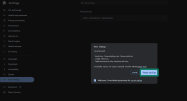 Chrome "Reset settings" window.