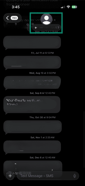 iPhone Messages thread showing a sender without a visible phone number.