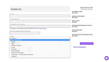 Twitch's Contact Us page with Account/Login Issues selected under Category.