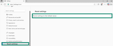 Microsoft Edge Reset settings window with Restore settings to default button highlighted.