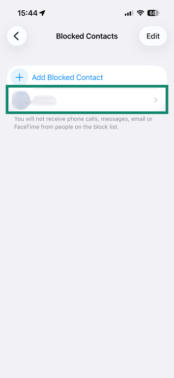 A contact highlighted in the iPhone Blocked Contacts list.