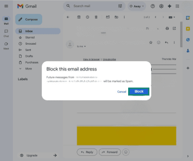 Gmail's web app displaying a prompt to confirm an email address block