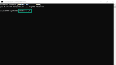 The Windows 11 Command Prompt app. The command for using the CHKDSK utility to fix disk errors is typed in.
