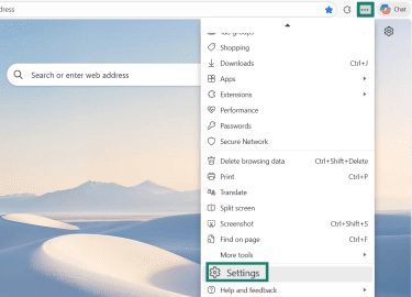The Edge browser menu is open and the Settings option is highlighted.