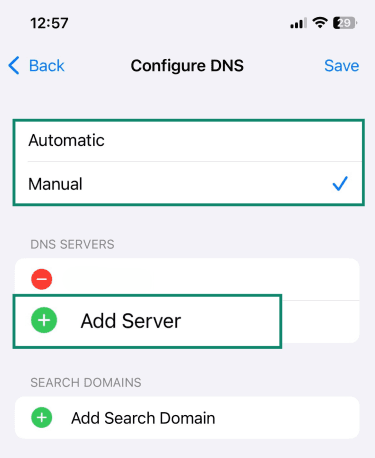 The Configure DNS panel on iOS, showing two options for using DNS: automatic and manual.
