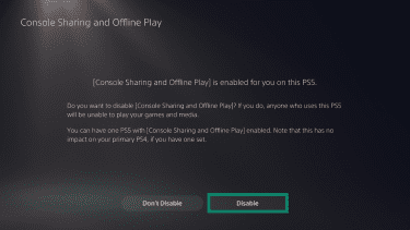 The "Console Sharing and Offline Play" page on a PlayStation 5. The "Disable" button is highlighted.