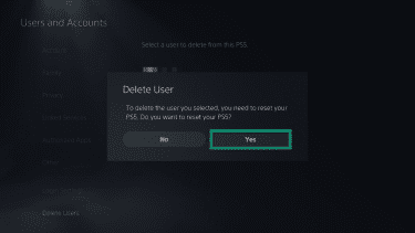 The "Delete User" confirmation window on a PlayStation 5. The "Yes" button is highlighted.