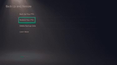 The "Back Up and Restore" page on a PlayStation 5. The "Restore Your PS5" option is highlighted.