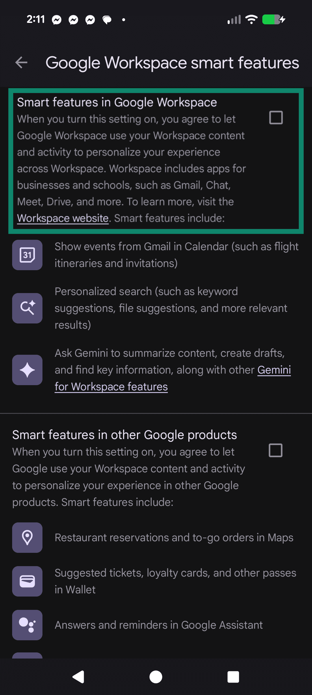 The menu to disable smart Workplace features, with an outline around the check box to toggle it.