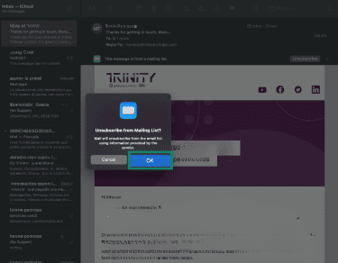 Apple Mail unsubscribe confirmation window with OK button