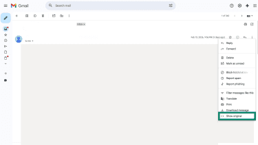 Gmail's inbox, with the Options menu showing the "Show original" option highlighted.
