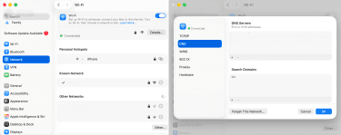 macOS Wi-Fi DNS settings showing router and IPv6 addresses