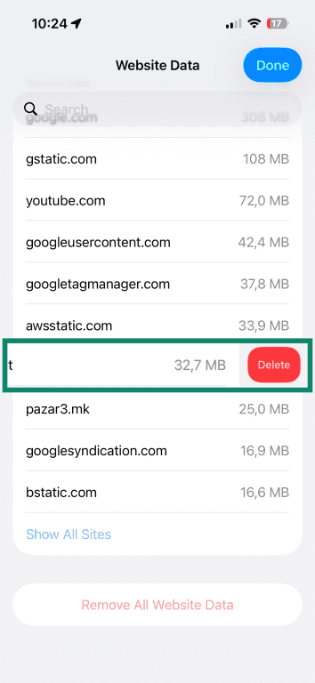 Deleting website data for Safari on iPhone.