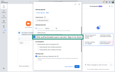 Only authenticated users can join: Sign in to Zoom checkbox in Zoom meeting settings.