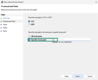Windows inbound rules wizard showing 135 entered next to the Port.