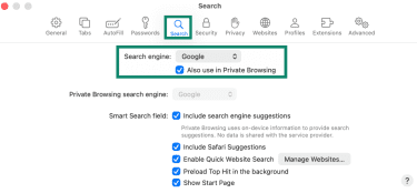 Safari Settings Search tab with search engine selection