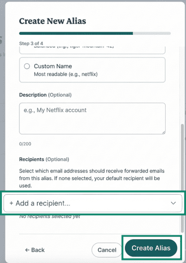 New Alias modal showing the Recipients section with Add a recipient highlighted.