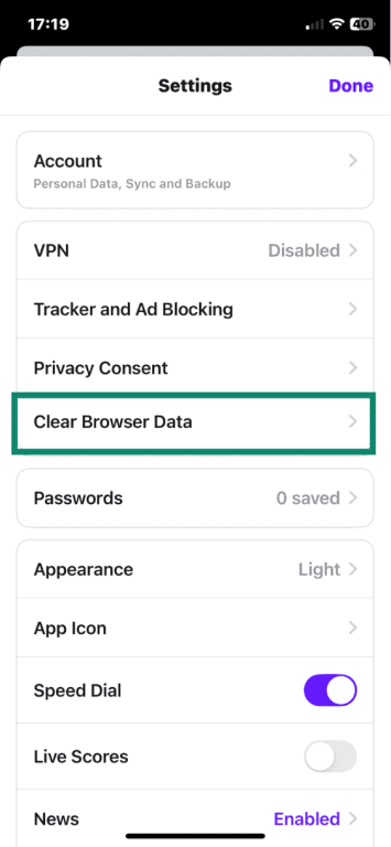 Opera on iOS Settings menu with Clear Browser Data highlighted