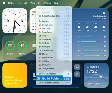 The macOS Go dropdown menu with the Go to Folder item highlighted.