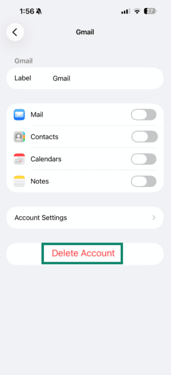 "Delete account" option highlighters in the account settings on iPhone.