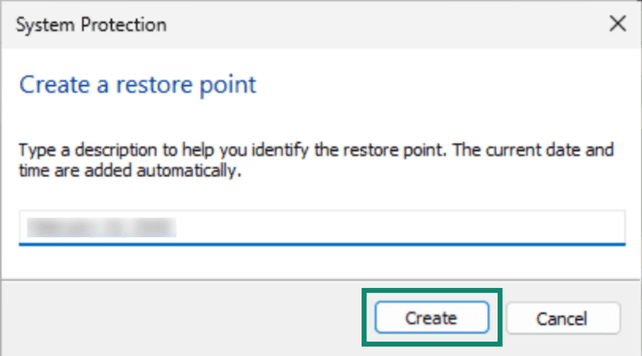 Naming the restore point on Windows.