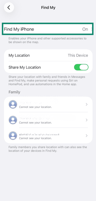 iPhone Find My Settings with Find My iPhone section highlighted.