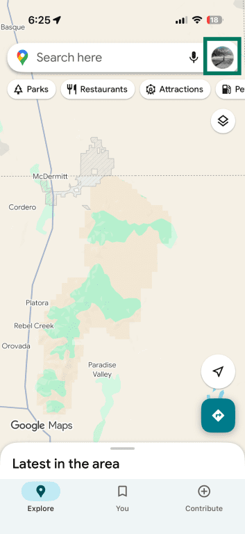 Google Maps home screen with profile icon highlighted