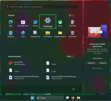 Windows 11 start menu showing how to access the settings app.