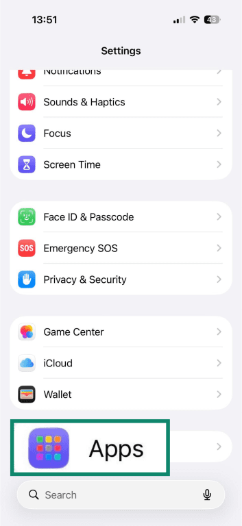 iPhone Settings screen with the Apps option highlighted.