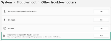 Other trouble-shooters page with Programme Compatibility Trouble-shooter highlighted.