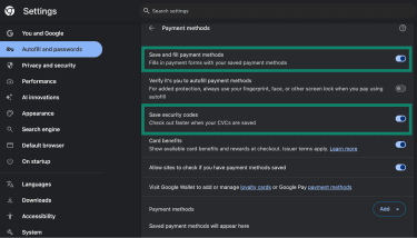 Payment methods autofill settings on Google Chrome.