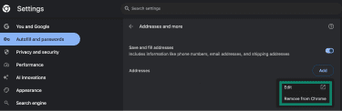 How to edit or delete a previously saved address in Chrome Autofill.