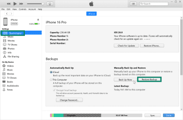 Restore Backup button on iTunes.