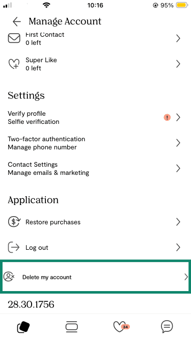 Finding the "Delete my account" button at the bottom of the Plenty of Fish iOS app settings.
