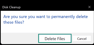 Confirmation prompt to delete temporary files using Disk Cleanup.