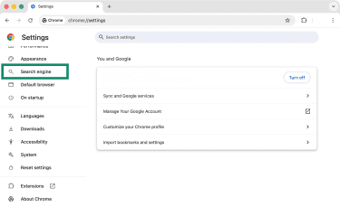 Chrome's settings panel with the Search engine menu item highlighted.