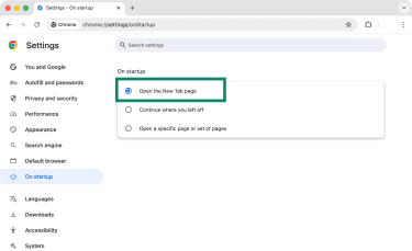 Chrome's Settings panel with a group of options for what happens when you open a new tab, with the Open the New Tab page highlighted.