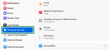 MacOS's Settings panel with the Privacy & Security option highlighted.