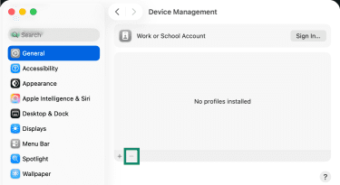 MacOS's Settings panel showing a list of profiles installed through the Device Management window.