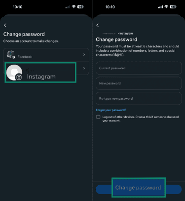 Changing an Instagram account's password.