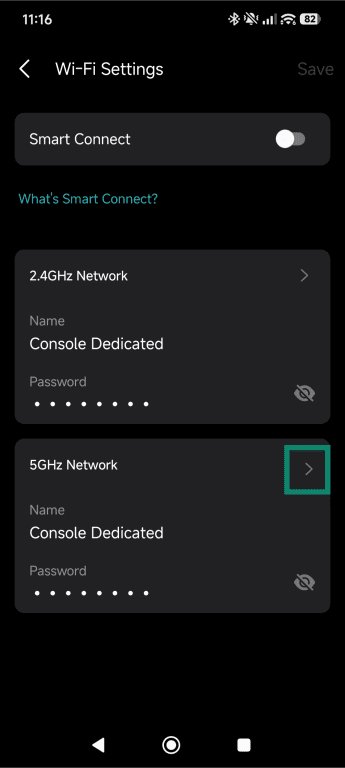 TP-Link mobile app's Wi-Fi Settings with the arrow next to the 5GHz Network option highlighted.