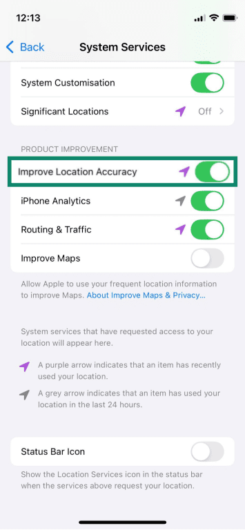 The Improve Location Accuracy option on iPhone.