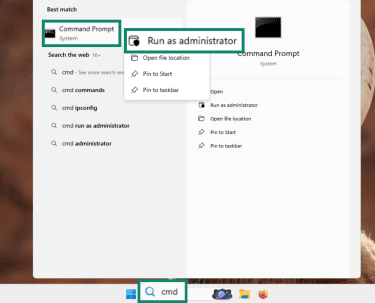 "Command Prompt" and "Run as administrator" options highlighted on Windows.