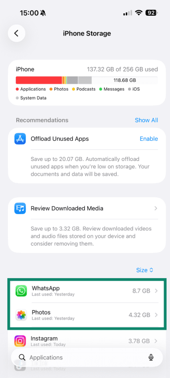 App storage settings on iPhone.