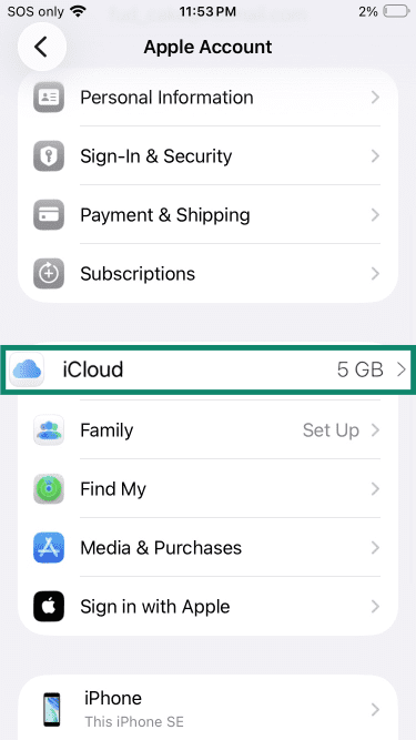 iPhone Apple Account settings with iCloud highlighted.