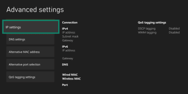 The Xbox advanced settings page, showing the IP settings option.